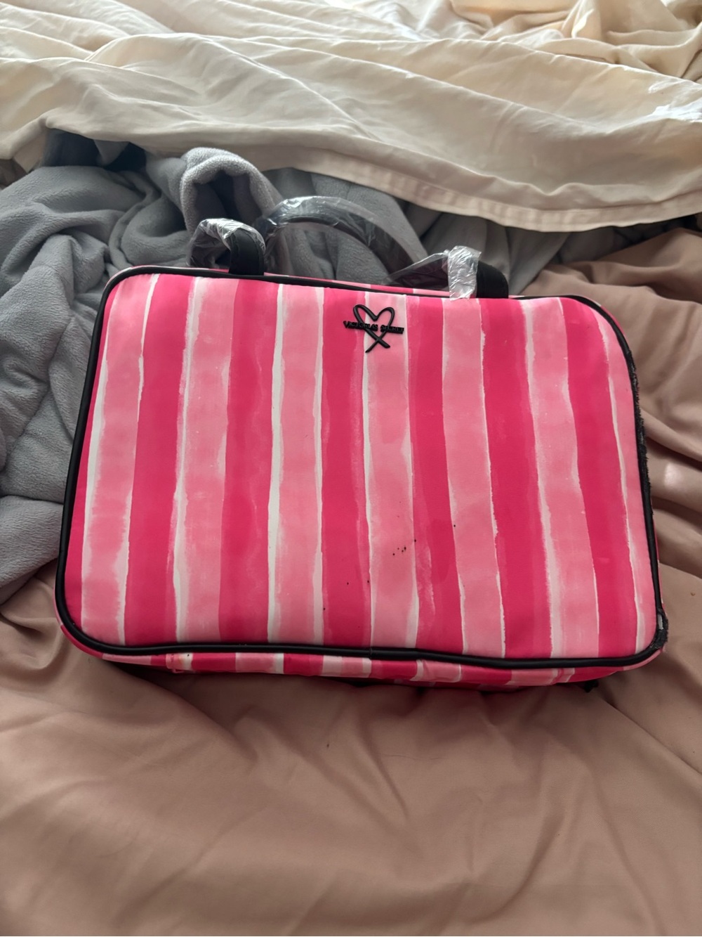 Victoria's Secret Pink Striped Toiletry Bag with Black Trim